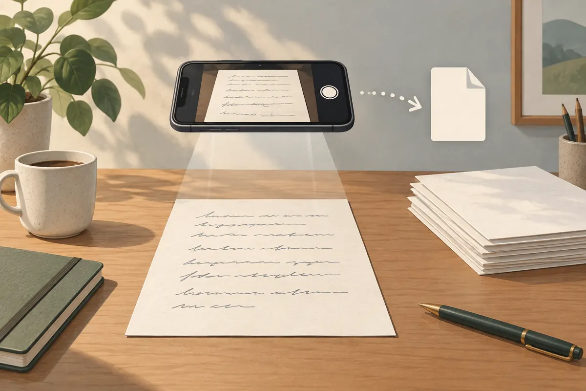 Ilustracja telefonu skanującego papierowe notatki na biurku