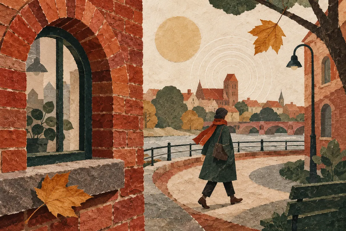 Ilustracja spaceru z obserwowaniem okien, faktur ścian, liści i dźwięków w umownej miejskiej okolicy.